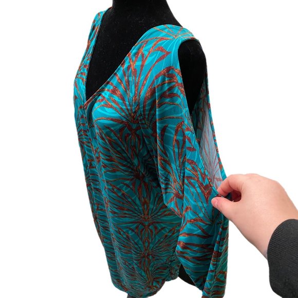 Moda International Cold Shoulder Teal and Brown Dress, Large, Pre-Owned - Picture 3 of 7